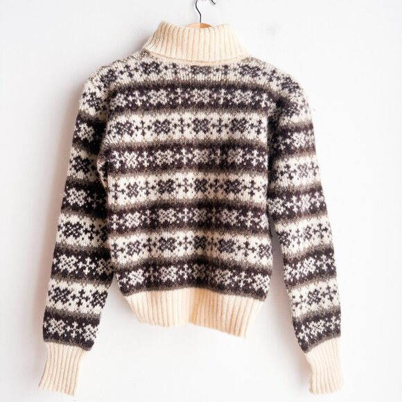 Vintage Fairisle Ivory Brown Icelandic Wool Turtleneck Sweater S - Picture 8 of 9